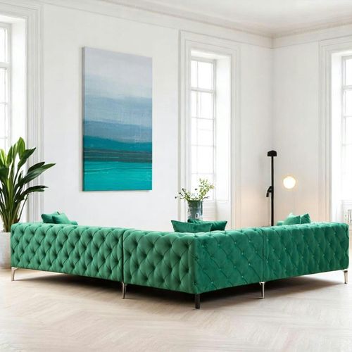 Canapé D'angle Vert En Velours Capitonné - Côté Gauche Dover