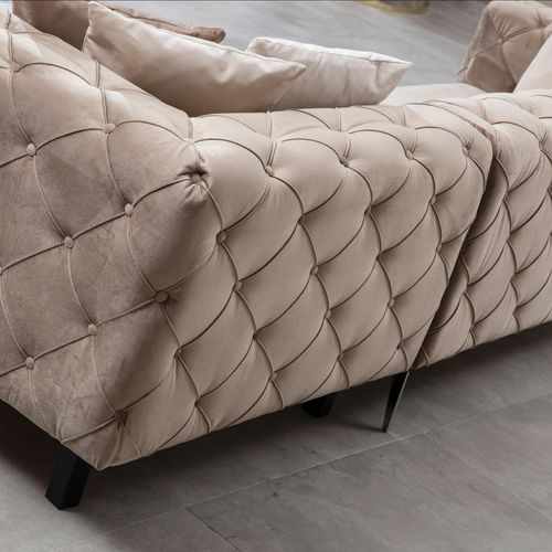 Canapé D'angle Beige En Velours Capitonné - Côté Gauche Dover