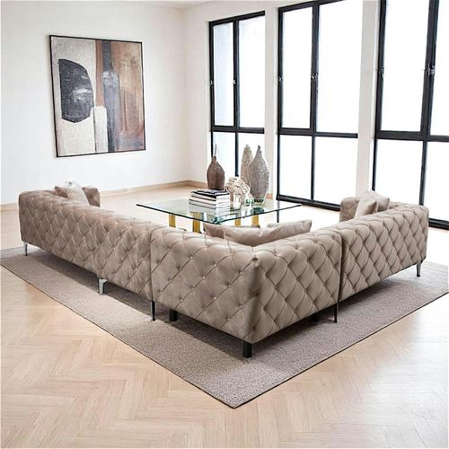 Canapé D'angle Beige En Velours Capitonné - Côté Gauche Dover