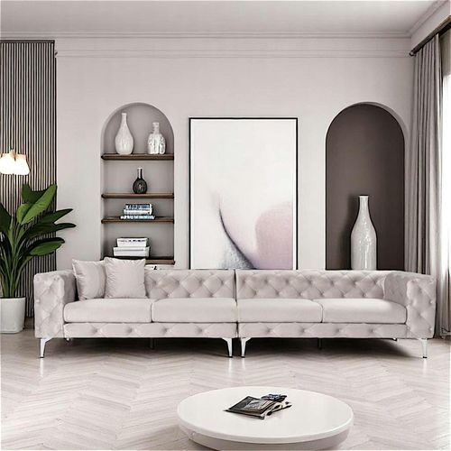 Grand Canapé 4 Places Gris En Velours Capitonné Dover