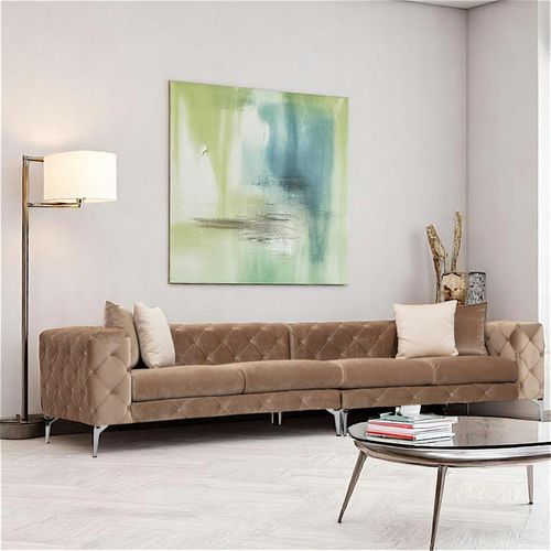 Grand Canapé 4 Places Beige En Velours Capitonné Dover