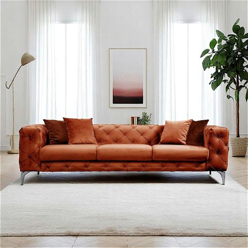 Canapé 3 Places Rouille En Velours Capitonné Dover