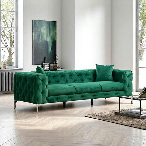 Canapé 3 Places Vert En Velours Capitonné Dover