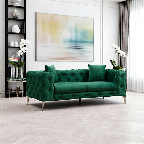 Canapé 2 Places Vert En Velours Capitonné Dover