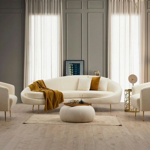 Canapé 4 Places Forme Arrondie - Écru, Pieds Dorés Lucca