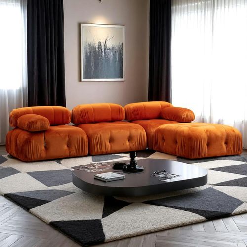 Canapé D'angle Modulable Orange - Tissu Velours Ronda