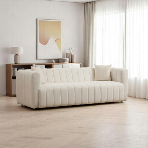 Canapé 3 Places Crème - Tissu Bouclette, Style Design Lucca