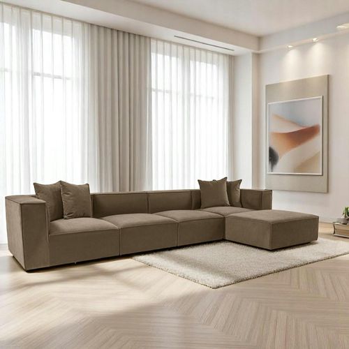 Canapé 5 Places En Lin Marron - Avec Pouf Collioure