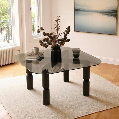 Table Basse Carrée En Verre Fumé - Pieds Bois Sculpté Boma