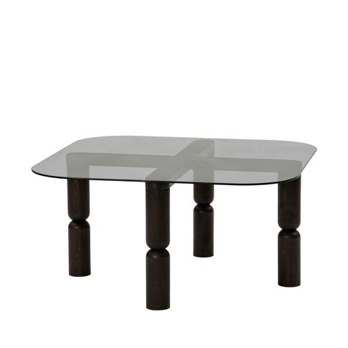 Table Basse Carrée En Verre Fumé - Pieds Bois Sculpté Boma