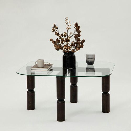 Table Basse Carrée En Verre - Pieds Bois Sculpté Boma