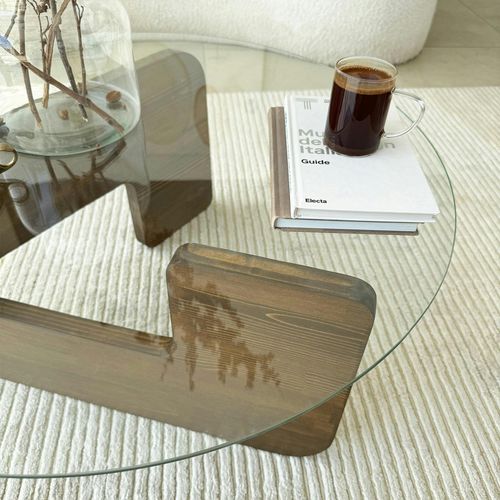 Table Basse Design En Verre - Pied Bois Brun Anzio