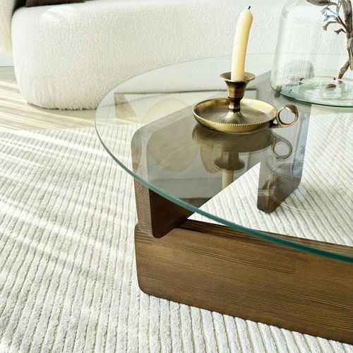 Table Basse Design En Verre - Pied Bois Brun Anzio