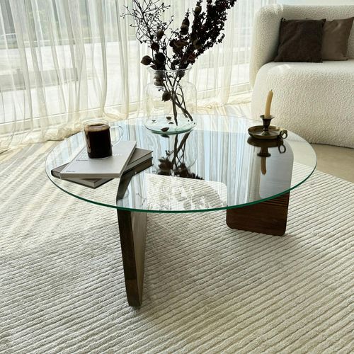 Table Basse Design En Verre - Pied Bois Brun Anzio