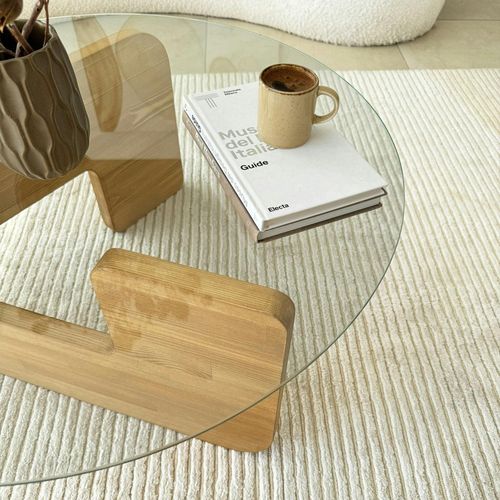 Table Basse Design En Verre - Pied Bois Clair Anzio