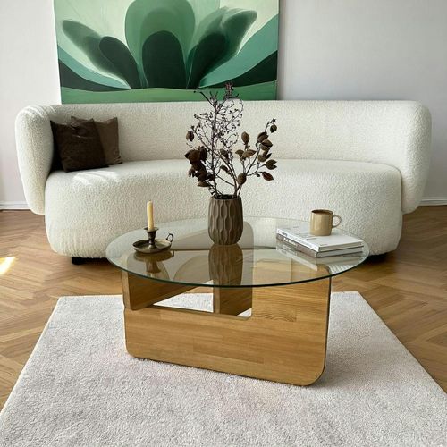 Table Basse Design En Verre - Pied Bois Clair Anzio