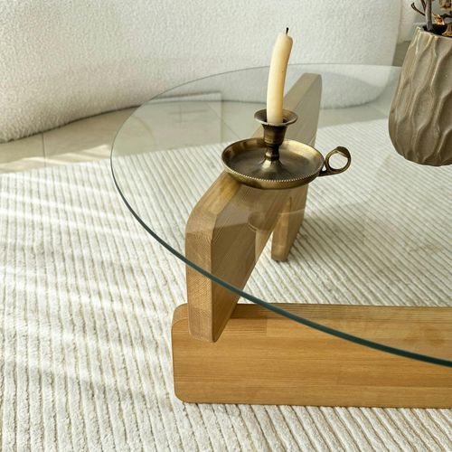 Table Basse Design En Verre - Pied Bois Clair Anzio