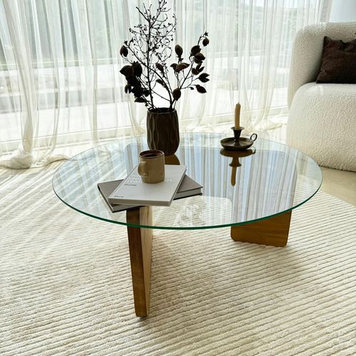 Table Basse Design En Verre - Pied Bois Clair Anzio