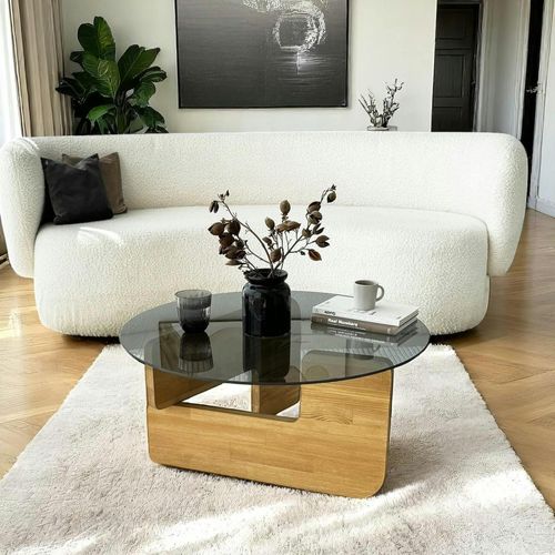 Table Basse Design En Verre Fumé – Pied Bois Clair Anzio