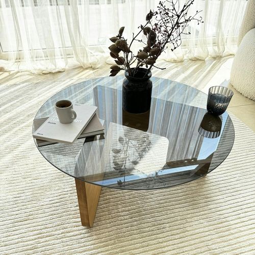 Table Basse Design En Verre Fumé – Pied Bois Clair Anzio