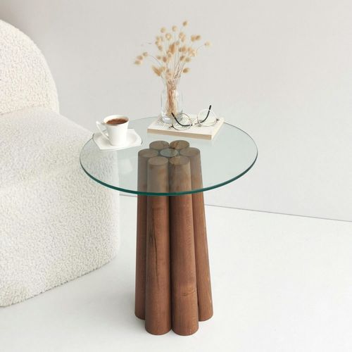 Bout De Canapé En Verre Et Bois Brun - Base Sculptée Anzio