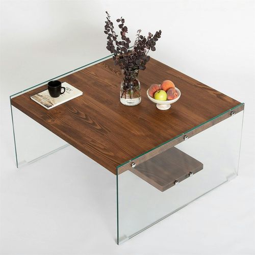 Table Basse Verre Et Bois - Plateaux Marrons Suspendus Lhasa