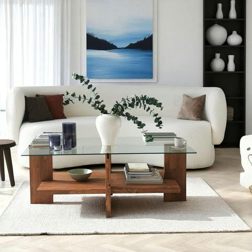 Table Basse Verre Et Bois Brun - 2 Plateaux Lhasa