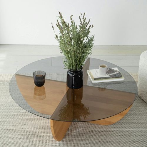 Table Basse Verre Fumé – Pied Croix Bois Clair, 90 Cm Anzio