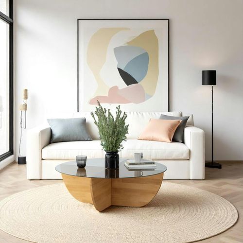 Table Basse Verre Fumé – Pied Croix Bois Clair, 90 Cm Anzio