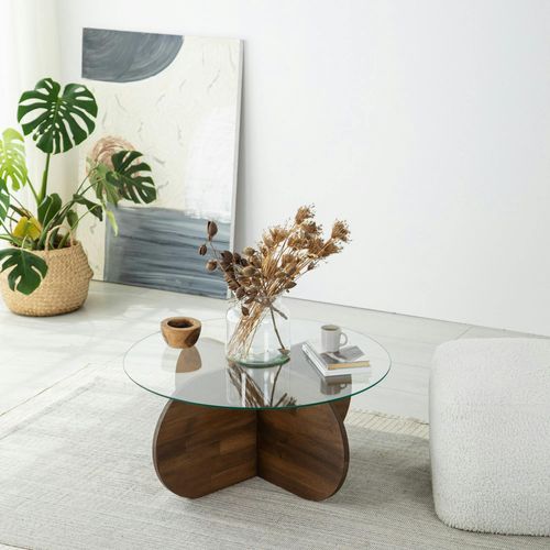 Table Basse En Verre – Pied En Croix Bois Brun Anzio