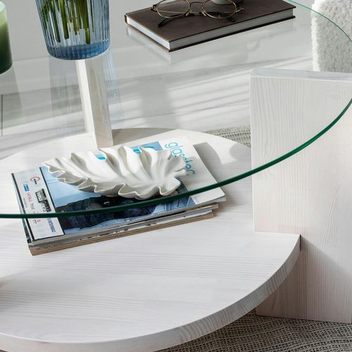 Table Basse Blanche Ronde - Verre Et Bois, 2 Plateaux Anzio