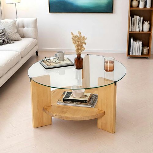 Table Basse Ronde En Verre Et Bois Clair - 2 Plateaux Anzio