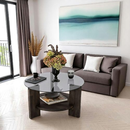 Table Basse Ronde Verre Fumé - 2 Plateaux Anthracite Anzio