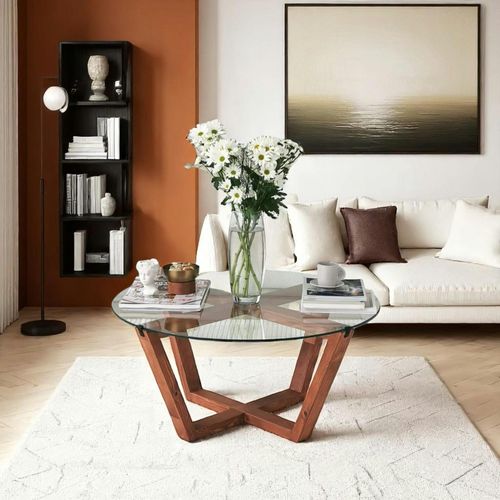 Table Basse Ronde Verre Et Bois Brun - Pieds Croisés Anzio