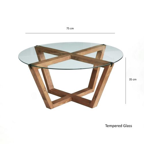 Table Basse Ronde Verre Et Bois Brun - Pieds Croisés Anzio