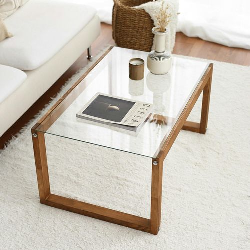 Table Basse Verre Et Bois Brun - Forme Rectangle Lhasa