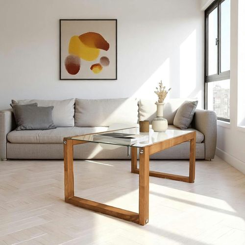 Table Basse Verre Et Bois Brun - Forme Rectangle Lhasa