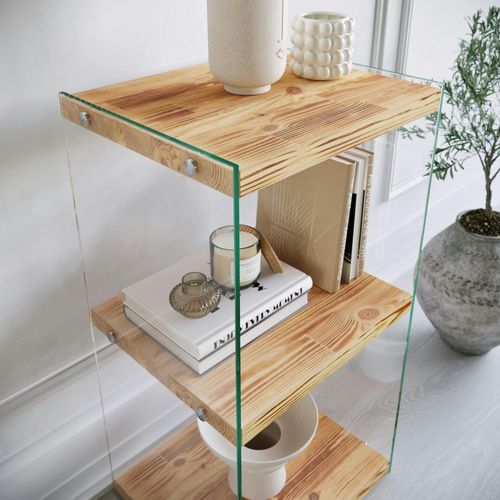 Colonne Vitrine Design - Bois Clair, 3 Plateaux Lhasa