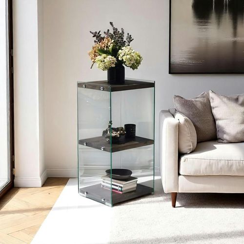 Colonne Vitrine Design - Bois Gris Foncé, 3 Plateaux Lhasa