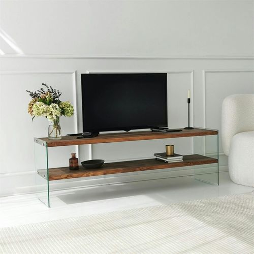 Banc TV En Bois Brun Et Verre - 2 Niveaux, 140 Cm Lhasa