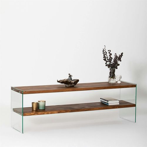 Banc TV En Bois Brun Et Verre - 2 Niveaux, 140 Cm Lhasa