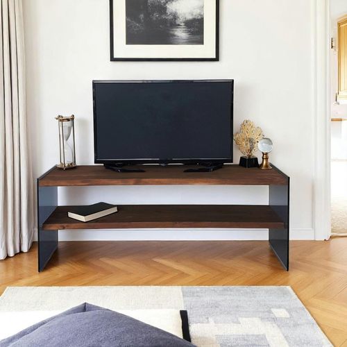 Meuble TV En Bois Marron Et Verre Fumé - 2 Niveaux Lhasa