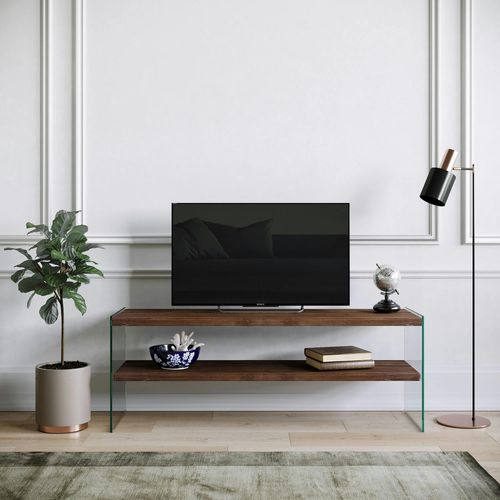 Meuble TV En Bois Brun Et Verre - 2 Niveaux Lhasa