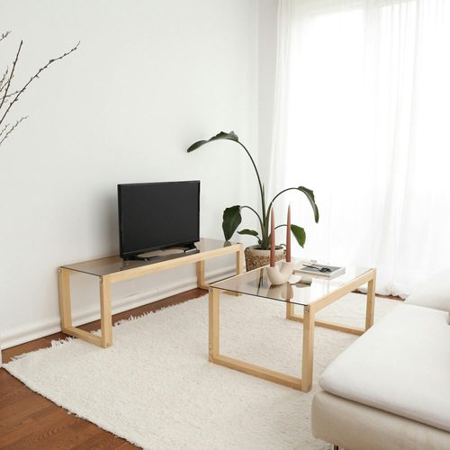 Meuble TV Bois Blond Verre Fumé - 130 Cm, Scandi Lhasa