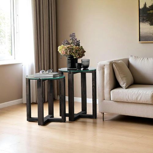 Table Gigogne Ronde - Verre Et Bois Gris (lot De 2) Anzio