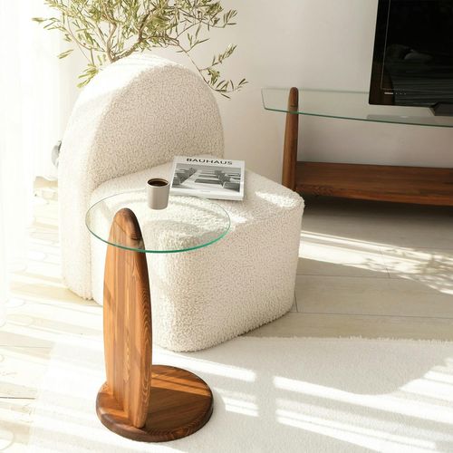 Bout De Canapé Bois Brun Et Verre - Forme Ronde Anzio