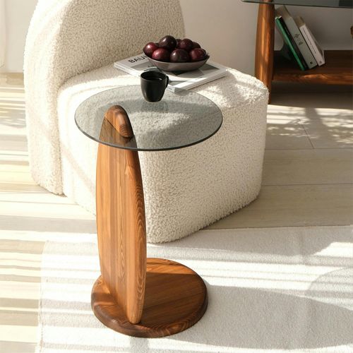 Bout De Canapé Bois Brun Et Verre Fumé - Forme Ronde Anzio