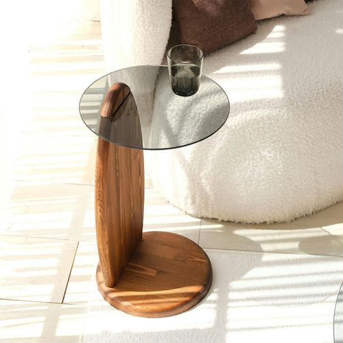 Bout De Canapé Bois Brun Et Verre Fumé - Forme Ronde Anzio