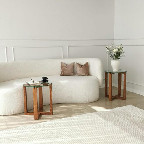 Bout De Canapé Bois Brun Avec Plateau Verre (lot De 2) Anzio