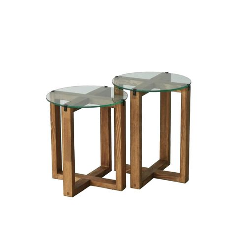 Bout De Canapé Bois Brun Avec Plateau Verre (lot De 2) Anzio